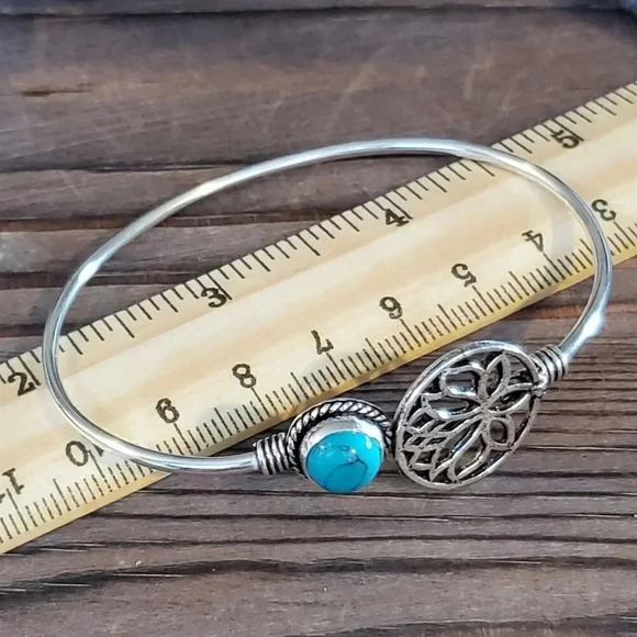 Handcrafted Turquoise Gemstone Lotus Sterling Silver Overlay Cuff Bracelet 6743R - Picture 8 of 8